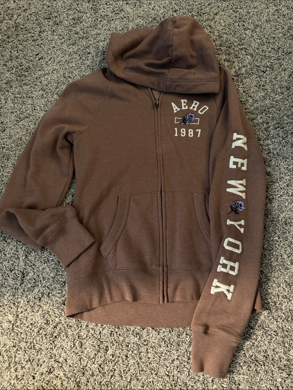 Aeropostale Brown Zip Hoodie with Floral Accent